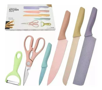 Juego Cuchillos Antiadherentes Cocina X6 Piezas + Tijeras Multicolor