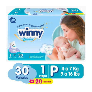 PAÑALES WINNY SENSITIVE ETAPA 1 X30 UND + GRATIS TOALLITAS HÚMEDAS RECIÉN NACIDO X20 UND