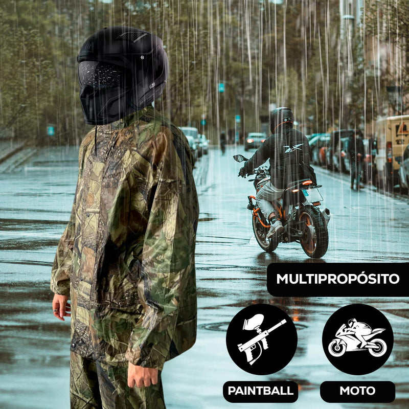 Impermeable Moto Camuflado 2 Piezas Chaqueta Capucha + Pantalón + Bolso 189