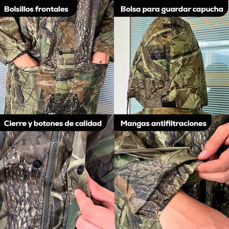 Impermeable Moto Camuflado 2 Piezas Chaqueta Capucha + Pantalón + Bolso 189