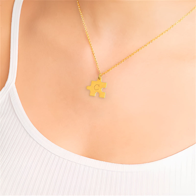 Cadena Con Dije Baño De Oro Collar Rompecabezas Letra Pareja Colgante CBF02