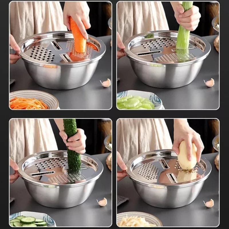 Rallador escurridor bowl multifunción 3 en 1 de  acero inoxidable 30 cm
