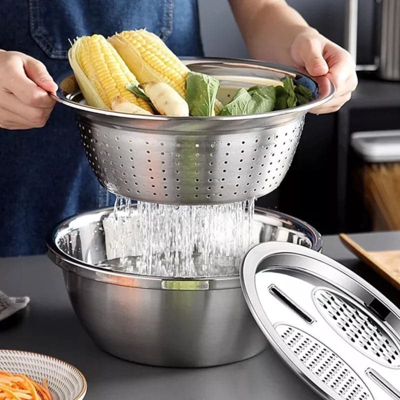 Rallador escurridor bowl multifunción 3 en 1 de  acero inoxidable 30 cm
