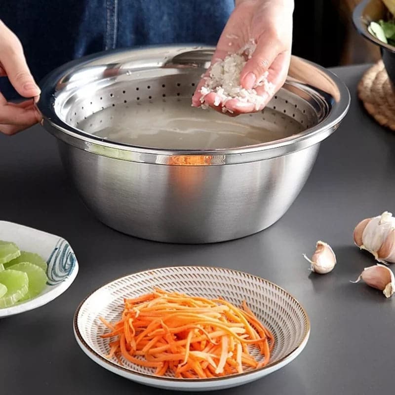 Rallador escurridor bowl multifunción 3 en 1 de  acero inoxidable 30 cm