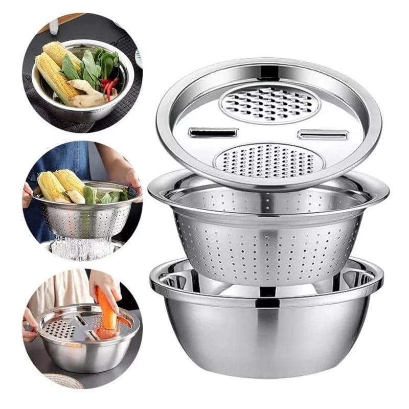 Rallador escurridor bowl multifunción 3 en 1 de  acero inoxidable 30 cm