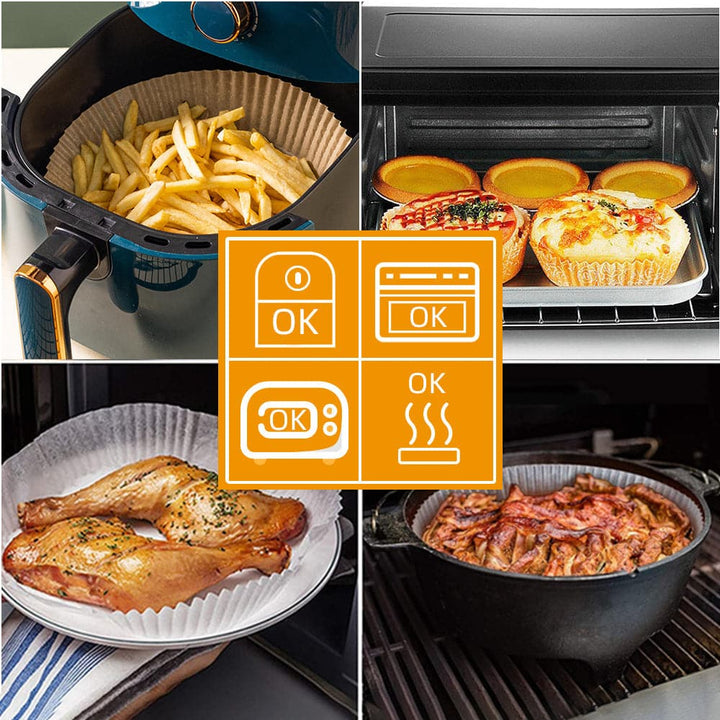 Pack 100 Papeles Antiadherentes para Air Fryer Hornos Vaporeras Sartenes Parrillas Molde Pastelería Repostería Freidoras de Aire Desechables Resistentes al Calor Papel para Hornear Cocinar Asar Freír y Preparar Pizzas Panques Galletas