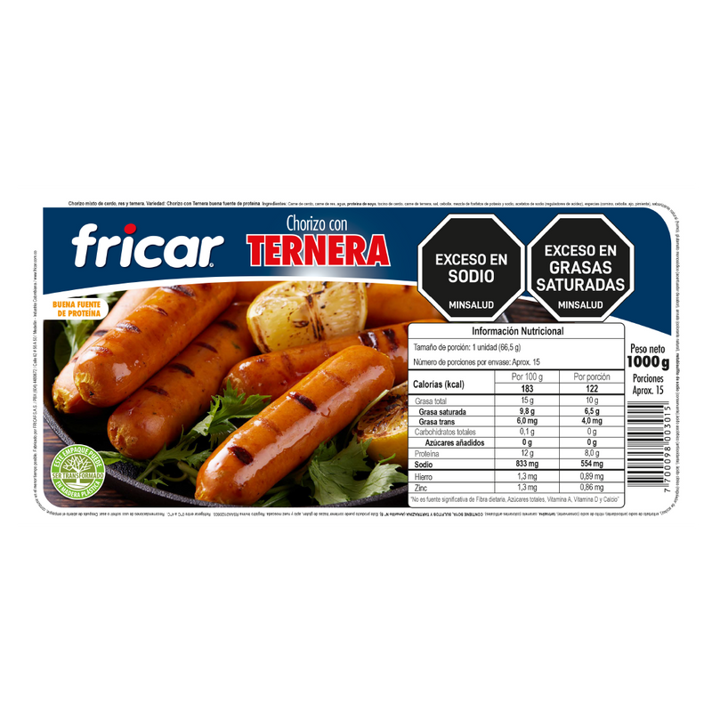 CHORIZO CON TERNERA X 15UND 1000G  FRICAR           