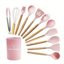 Set de utensilios de cocina de silicona de 12 piezas con mangos de madera - Herramientas de cocina antiadherentes y resistentes al calor, fáciles de limpiar - Ideal para Navidad, Halloween, Acción de Gracias, Ramadán