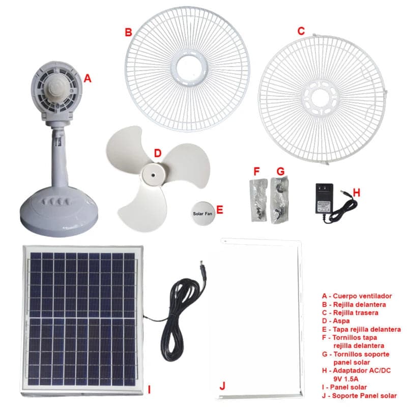 Ventilador 3 velocidades de 10 pulgadas recargable con panel solar