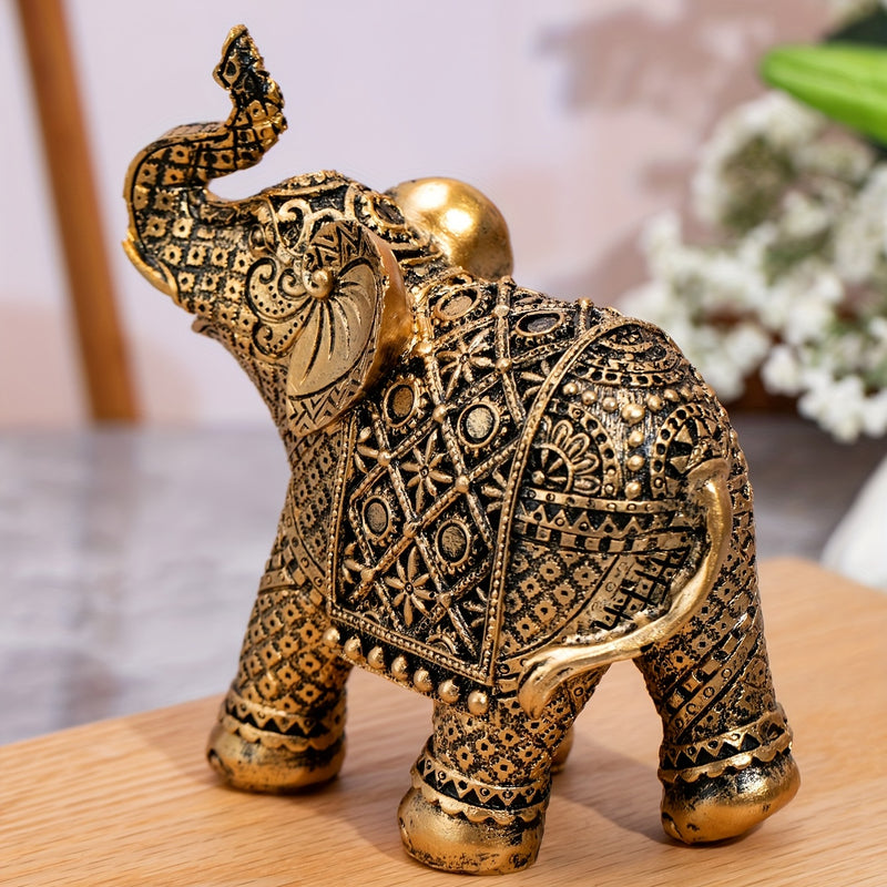 Figura de Elefante Dorado de la Suerte - Decoración de Resina Intrincada para Atraer Riqueza con Patrones Detallados para el Hogar y la Oficina, Ideal para Exhibición en la Sala de Estar, Decoración de Elefante