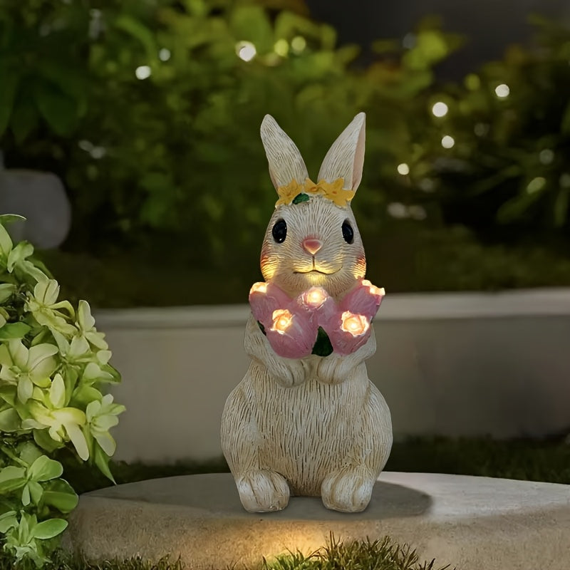 Linterna solar exterior IP65 de resina con conejo sosteniendo tulipán, luz ambiental LED para jardín, patio, terraza, escalones y villa - Decoración navideña para San Valentín, Acción de Gracias, Pascua, Halloween y Navidad