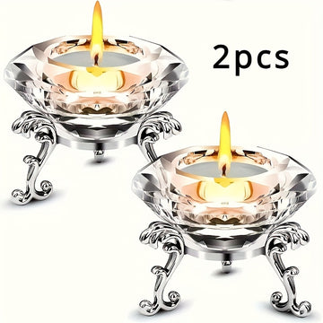 Juego elegante de 2 candelabros con cristal K9 transparente y base de metal pulido, perfecto para decoración de hogar, oficina y fiestas