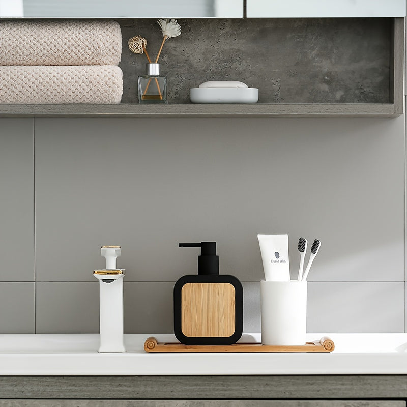Dispensador de Jabón Negro Elegante con Tapa de Bambú - Plástico Libre de Ftalatos, Ideal para Baño y Cocina, Diseño Independiente, No Necesita Energía, Dispensador de Jabón para Baño