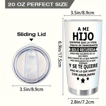 Vaso de acero inoxidable aislado de 20 onzas con tapa deslizante - taza reutilizable blanca para bebidas calientes y frías - mensaje en español para hijo - adecuado para portavasos de coche, Ideal para Navidad