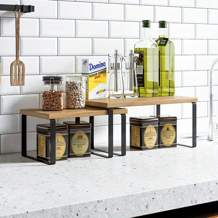 Organizador de Mueble de Cocina de Madera 1-Pack, Estante Escalonado para Encimera - Estantería Expandible para Especias, Vajilla y Suministros de Oficina, Adecuado para Comedores, Baños y Vestidores