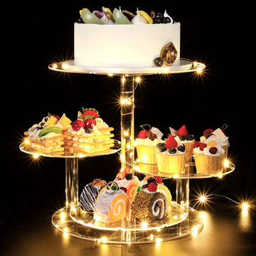 Soporte para pasteles redondo de acrílico con luces LED de 4 niveles, ideal para cumpleaños, bodas, graduaciones y baby showers, exhibidor seguro para alimentos de postres y pasteles, diseño temático para fiestas, exhibición de eventos | Soporte para pas