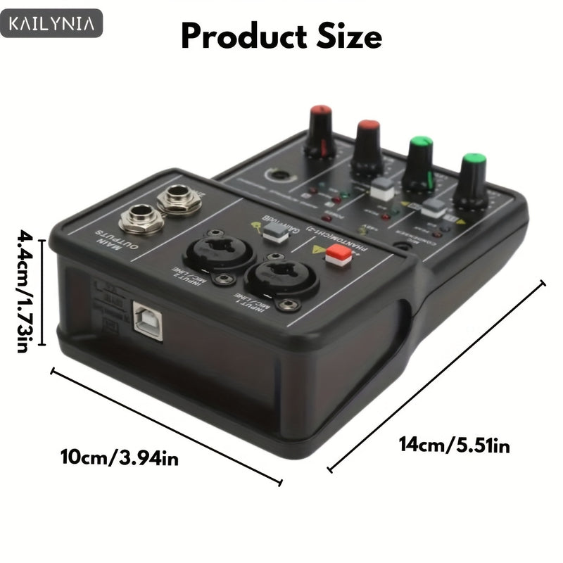 KAILYNIA Interfaz de Audio Profesional Portátil de 2 Canales con Tarjeta de Sonido y Mezclador Mini USB para Guitarra, Estudio de Grabación y Canto - , Compatible con Portátiles, Multifuncional con Control de Ganancia y Modos de Salida, Configuración de