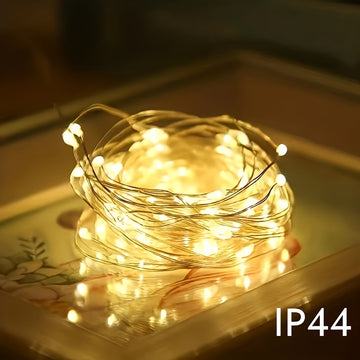 1pc Luces de cuerda LED para fiestas de cumpleaños, cable de cobre de hadas, ajuste de 3 niveles de brillo, operado por batería de botón no recargable incluida, control de interruptor, luz amarilla, sin control remoto