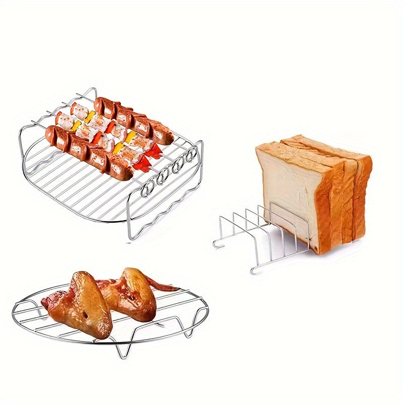 Accesorios para freidora de aire de acero inoxidable de 3 piezas: Parrilla multifuncional de doble capa de 7 pulgadas, 4 brochetas, rejilla para pan y rejilla para vapor - Herramientas esenciales de cocina