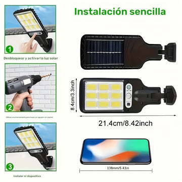 1 foco solar con control remoto, 90 LED COB, sensor de movimiento, montaje semiempotrado, material plástico, acabado pulido, plegable, accesorio desmontable, carga solar, batería de litio recargable, montaje en pared, incluye hardware de instalación