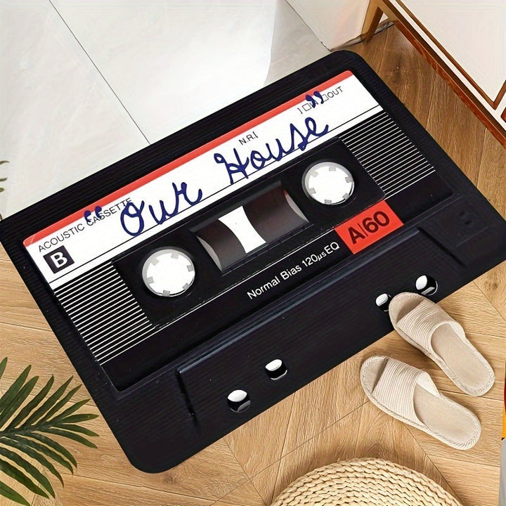 1 alfombra de bienvenida con diseño de casete retro, antideslizante y absorbente de poliéster para interiores, lavable a máquina, respaldo de PVC, decoración rectangular para entrada o porche