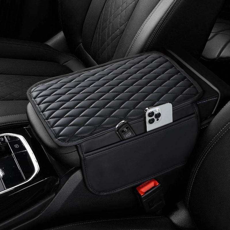 Cubierta de consola central del coche, cubierta de descanso de brazo de coche de piel sintética de microfibra mejorada con 2 bolsas de almacenamiento, cubierta de descanso de brazo universal para caja de almacenamiento de coche, accesorios de interior de