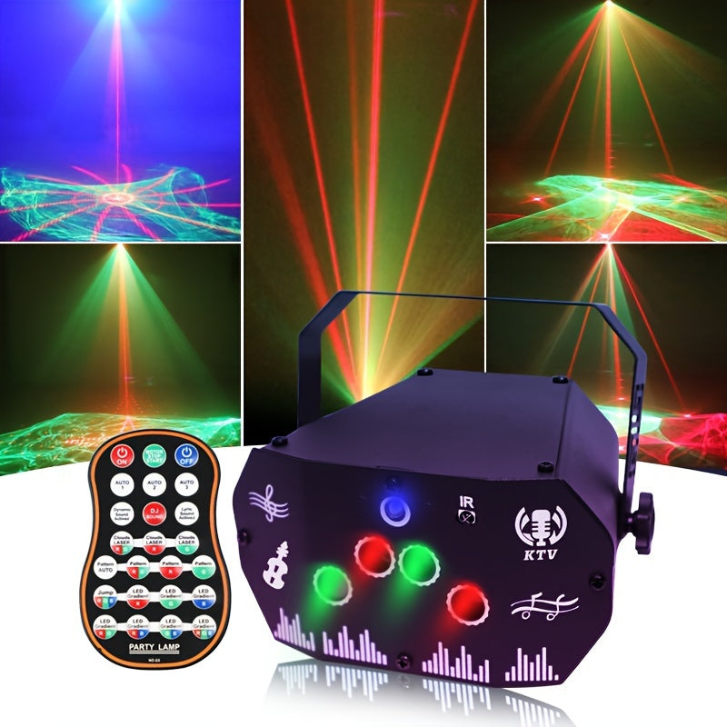 Proyector de luz de escenario mini de hierro negro con patrones dinámicos rojos y verdes, alimentado por USB con sensor de infrarrojos, batería de botón no recargable, ideal para KTV, DJ, decoración de fiestas, compatible con Halloween, Acción de Gracias