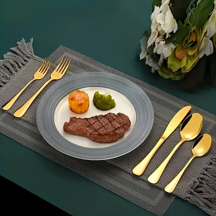 Conjunto elegante de 30 piezas de cubiertos de acero inoxidable, cubiertos pulidos a espejo con cuchillos para carne, tenedores, cucharas, aptos para lavavajillas, ideal para Navidad, Halloween, San Valentín