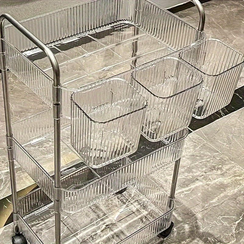 Carrito de almacenamiento acrílico giratorio de 3 niveles, ideal para baño, cocina y sala de estar, caja de pañuelos transparente multicapa con 3 marcos de aleación, diseño giratorio de 360°, carrito portátil, fácil acceso, construcción moderna en plásti