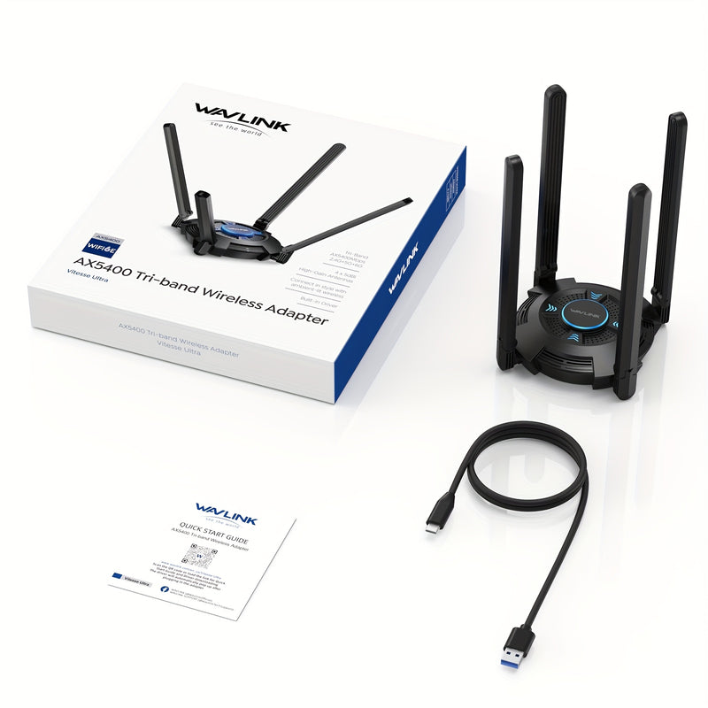 Adaptador USB WiFi 6 WAVLINK AX5400 para PC de escritorio, Adaptador inalámbrico USB WAVLINK con Tri-Banda 6GHz/2402mbps, 5GHz/2402mbps, 2.4GHz/571mbps, 4x5 antenas dBi, OFMASU, WPA3, Dongle WiFi USB para Windows 11/10 SOLO WN695X2