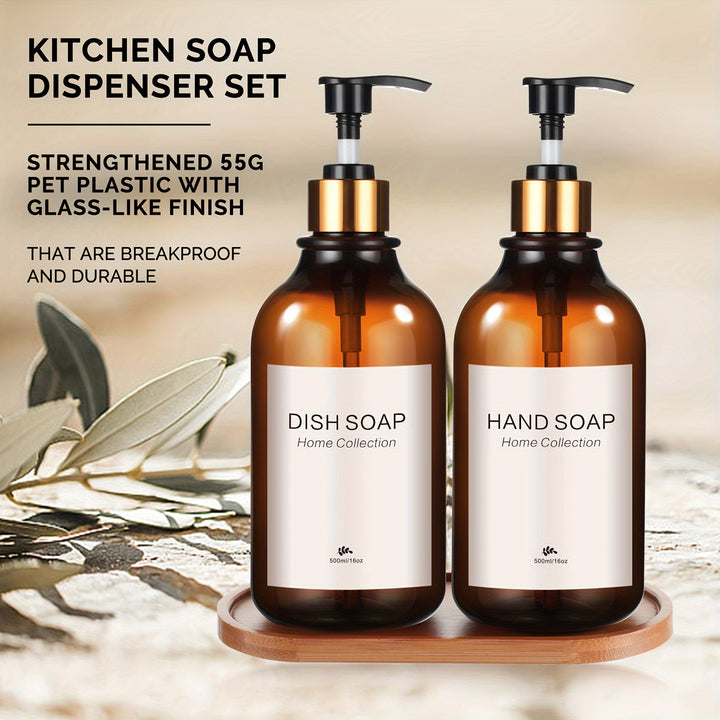 Juego de dispensadores de jabón de 2 piezas GAONLY - Libre de plomo, plástico autosoportante con bomba de bambú - Dispensadores de jabón para manos y platos de 16.9 oz para cocina, baño - Incluye bandeja de bambú - No necesita electricidad