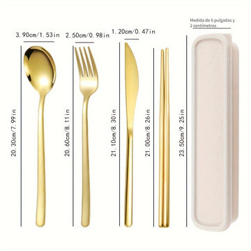 Juego de cubiertos portátil de acero inoxidable de 4 piezas, cuchillo de bistec occidental, tenedor, cuchara, juego de palillos.
