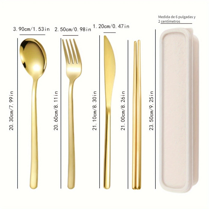 Juego de cubiertos portátil de acero inoxidable de 4 piezas, cuchillo de bistec occidental, tenedor, cuchara, juego de palillos.