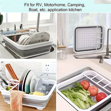Estante Plegable Versátil para Platos con Tabla de Escurre - Material PP Duradero, Perfecto para RVs, Camping y Barcos - Organizador de Cocina Portátil para Platos y Verduras