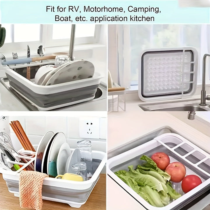 Estante Plegable Versátil para Platos con Tabla de Escurre - Material PP Duradero, Perfecto para RVs, Camping y Barcos - Organizador de Cocina Portátil para Platos y Verduras