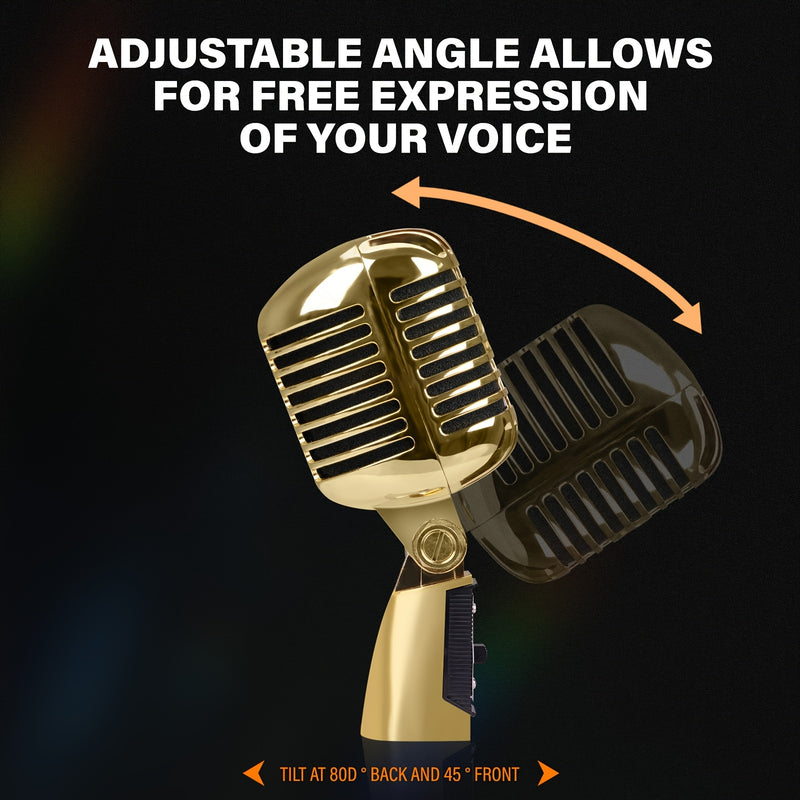 Microfono Vocal Dinámico Clásico XGeS GW55 - Acabado Metálico Dorado con Acentos Negros, Jack de 6.35mm, Funcionamiento con Alimentación por Enchufe, Ideal para Karaoke, Actuaciones En Vivo y Fiestas Musicales, Música Rock, Soporte Universal