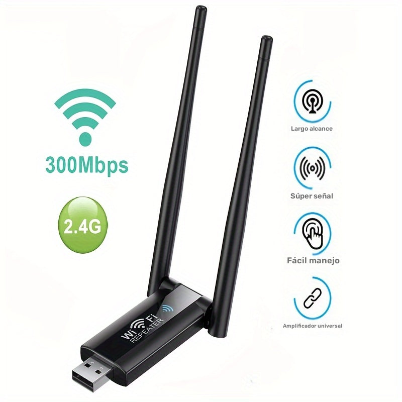 Repetidor WiFi USB de alta potencia - Extensor inalámbrico de largo alcance con velocidad de 300 Mbps, amplificador de señal súper potente, fácil instalación para enrutamiento en el hogar, amplificador de señal inalámbrica | Configuración de antena dual