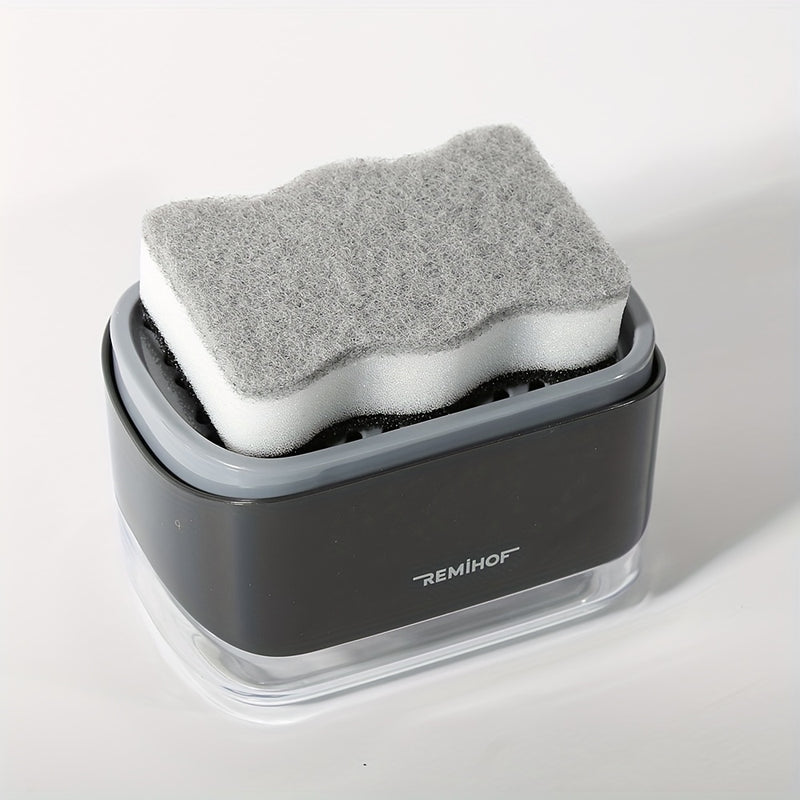 Dispensador de Jabón Easy-Press con Esponja para Limpieza de Cocina y Baño – Dispensador de Bomba de Plástico Blanco con Esponjas de Fregado Verdes, No Requiere Pilas, Dispensador de Jabón para Baño