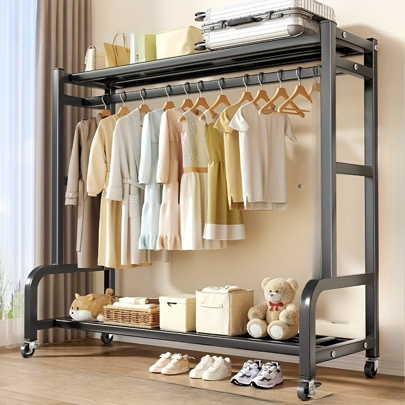 Perchero de Metal de Doble Barra con Cesta de Almacenamiento, Estantes y Ganchos - Organizador Portátil de Ropa, Fácil Montaje, Altura Ajustable, Diseño Ahorrador de Espacio para Dormitorio, Armario, Sala, Secado de Ropa