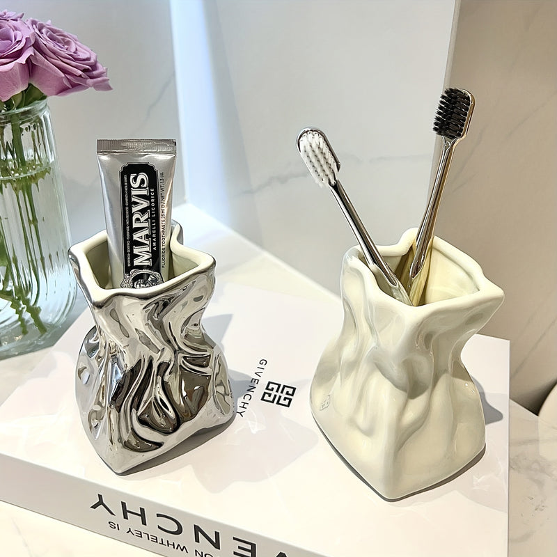 Soporte de cepillo de dientes de cerámica - Organizador de baño autónomo para pasta de dientes y cepillos de maquillaje - Diseño de lujo moderno - No requiere electricidad. Decoraciones de Halloween, Navidad