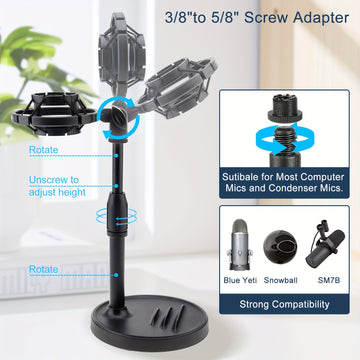 Soporte de Micrófono Ajustable para Escritorio con Soporte para Teléfono - Base Antideslizante y Resistente para Grabación, Juegos y Transmisiones - Negro