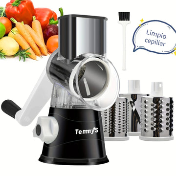 Rallador Rotativo para Queso y Cortador de Verduras - Mandolina de Cocina con 3 Cuchillas Intercambiables, Fácil de Limpiar para Frutas, Patatas, Zanahorias, Nueces