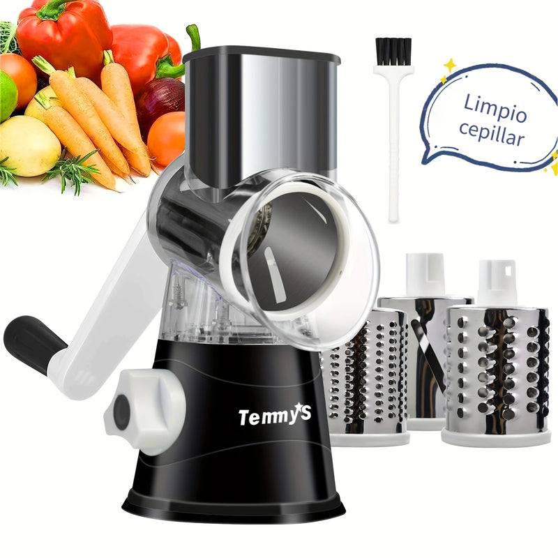 Rallador Rotativo para Queso y Cortador de Verduras - Mandolina de Cocina con 3 Cuchillas Intercambiables, Fácil de Limpiar para Frutas, Patatas, Zanahorias, Nueces