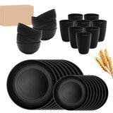 Juego de vajilla reutilizable de paja de trigo, 16/32 piezas, redondo, diseño sólido, plástico, apto para microondas y lavavajillas, para familia, camping, picnic, fiestas, suministros de cocina, vajilla para días festivos