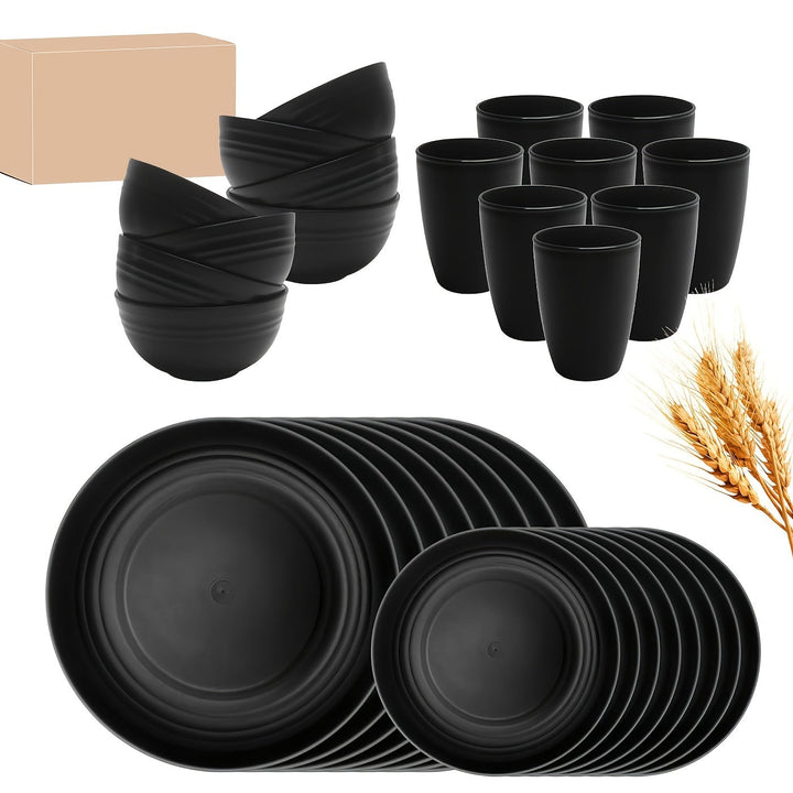 Juego de vajilla reutilizable de paja de trigo, 16/32 piezas, redondo, diseño sólido, plástico, apto para microondas y lavavajillas, para familia, camping, picnic, fiestas, suministros de cocina, vajilla para días festivos