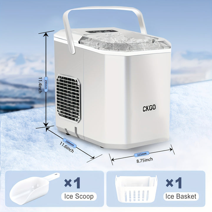 Fabricadora de hielo portátil CKGKO 2025, hace hielo en 6-8 minutos, silenciosa, ideal para casa, cocina, camping, RV, incluye cuchara y canasta para hielo, perfecta para viajes, actividades al aire libre y maratones, diseño moderno y duradero