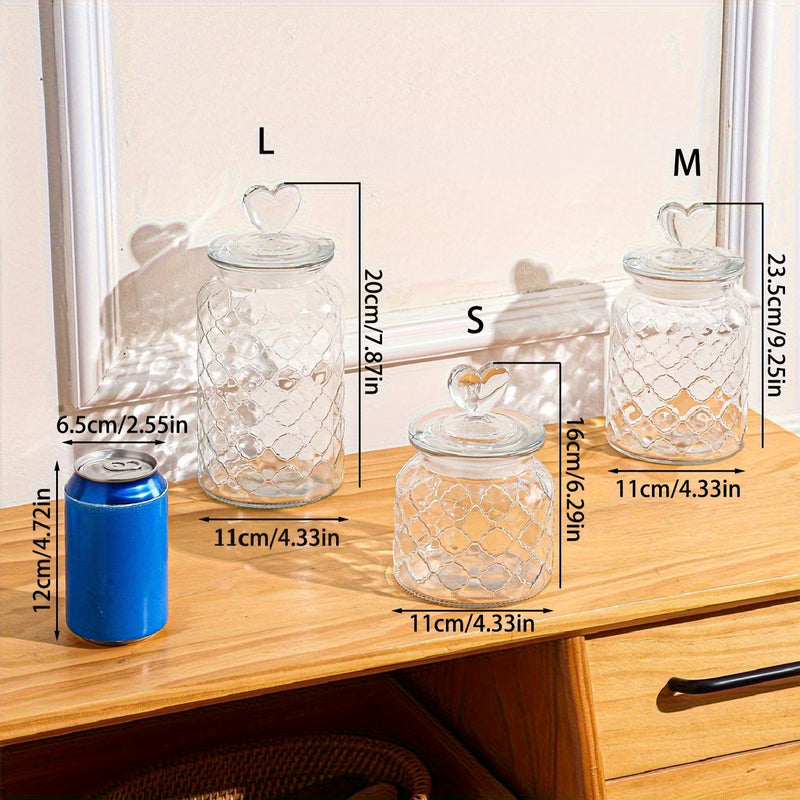 1 vaso de vidrio con tapa en forma de corazón - Contenedor de almacenamiento hermético reutilizable para frutas secas, granos y comida para mascotas - Organización de cocina y despensa transparente, organizadores y almacenamiento de despensa