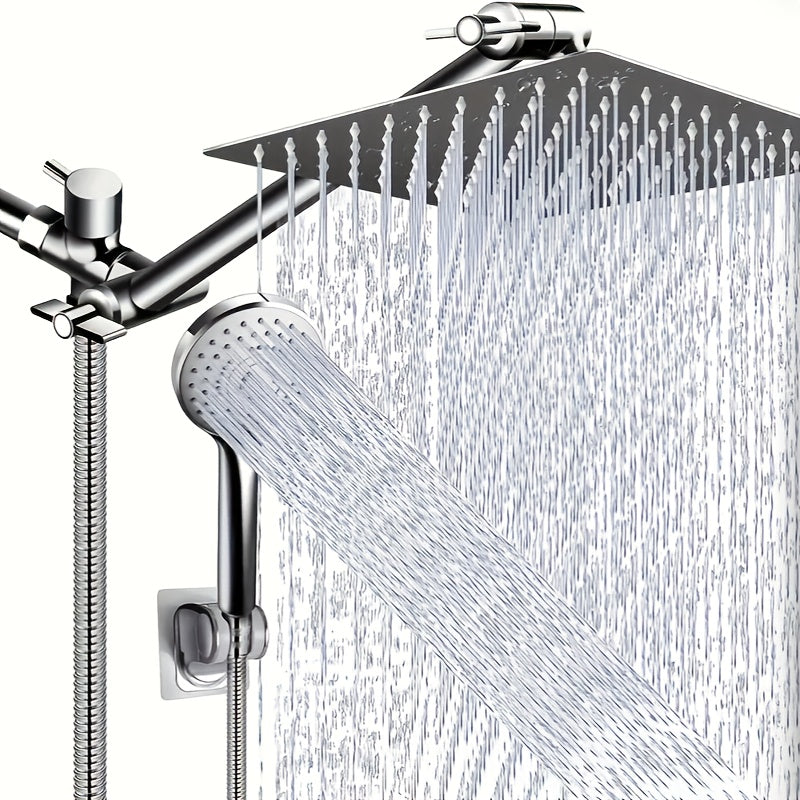Cabezal de ducha fijo de acero inoxidable con 5 funciones, ideal para baños, incluye ducha de mano, barra de ducha, válvula desviadora, manguera y barra de extensión