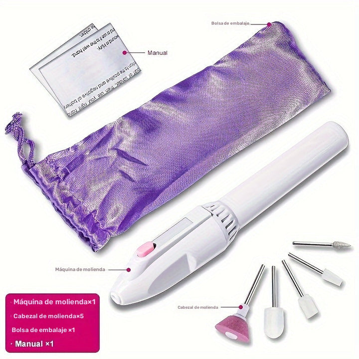 Amoladora de Uñas 5-en-1 con Batería y Cinco Cabezales de Molienda para Manicura y Arte de Uñas DIY