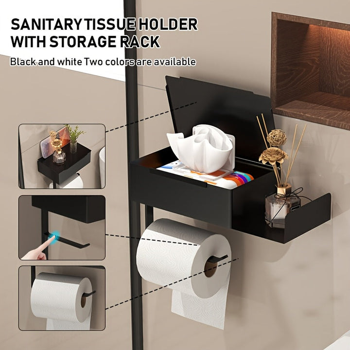 1pc Soporte de Papel Higiénico de Hierro Forjado con Estante - Dispensador de Rollo de Papel Higiénico Autoadhesivo Montado en la Pared, Instalación Sin Taladrar, Almacenamiento Multifuncional para Toallitas Húmedas y Teléfono, Decoración del Hogar